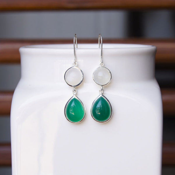 Lunar Elegance: Moonstone & Teardrop Green Onyx Earrings