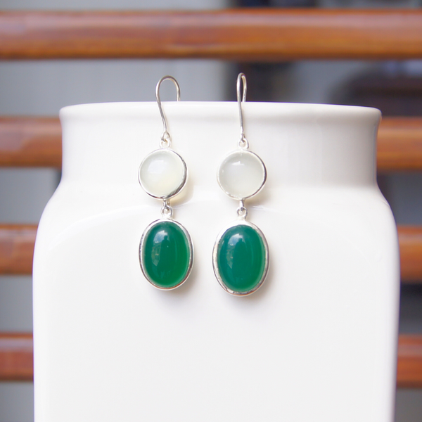Oval Opulence: Moonstone & Green Onyx Earrings