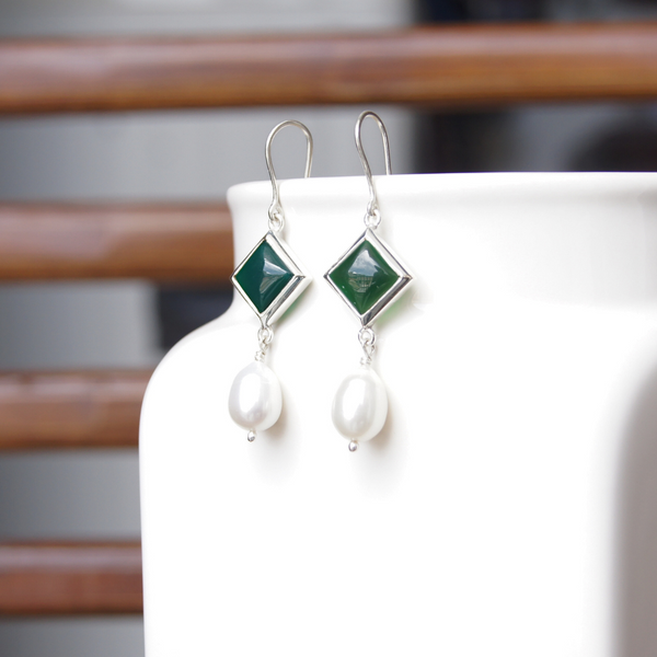 Pearl-Adorned Green Onyx Elegance Earrings