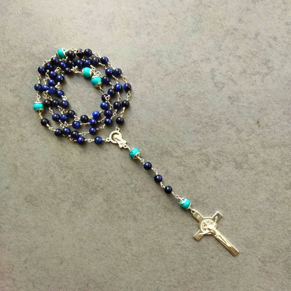 Sterling Silver Blue Tiger Eye & Turquoise Rosary
