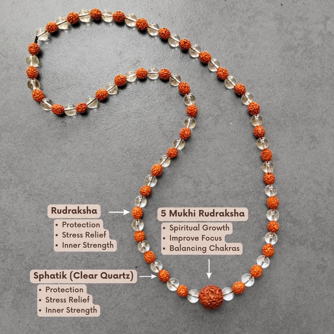 108 bead Original Rudraksha & Padigam (Clear Quartz) Power Mala-Use as a Bracelet or Mala