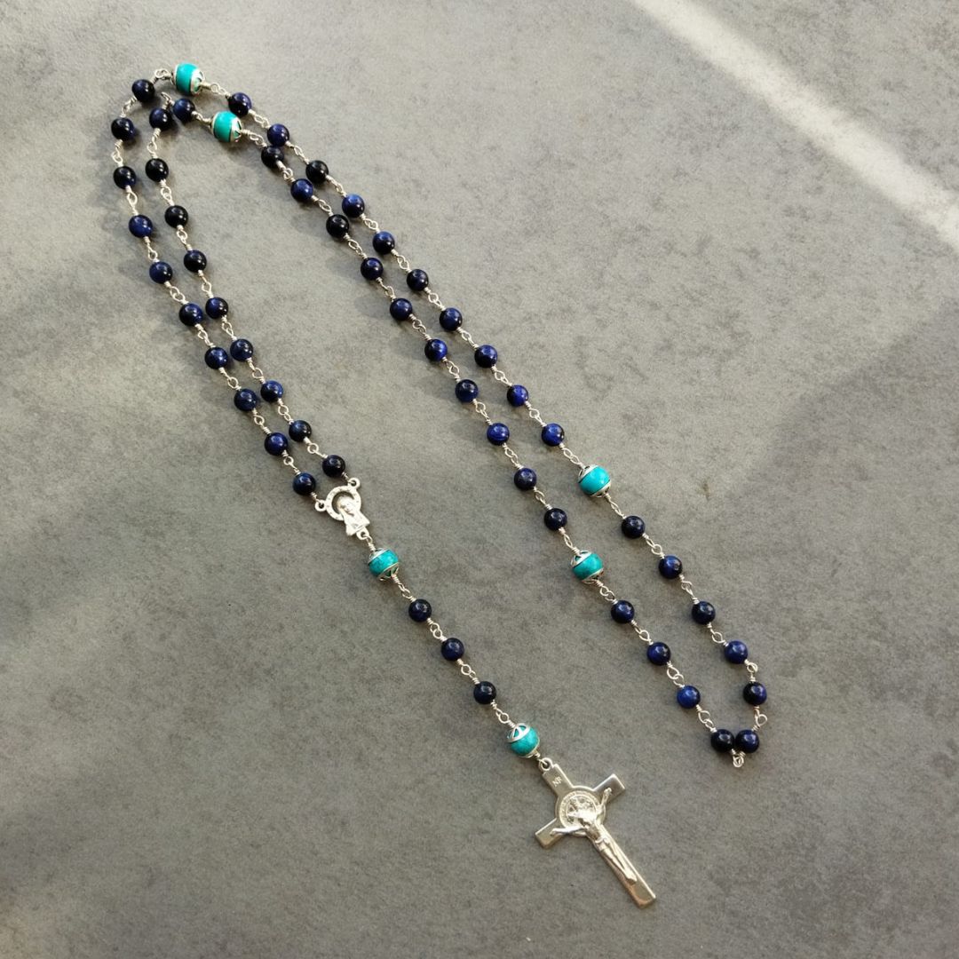 Sterling Silver Blue Tiger Eye & Turquoise Rosary