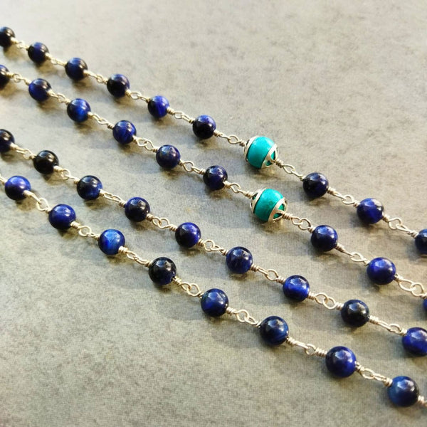 Sterling Silver Blue Tiger Eye & Turquoise Rosary