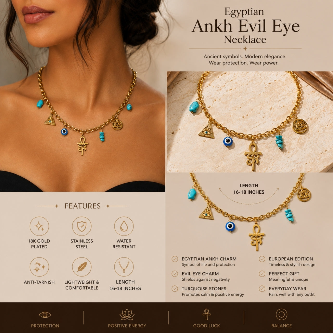 Egyptian Ankh Evil Eye Necklace