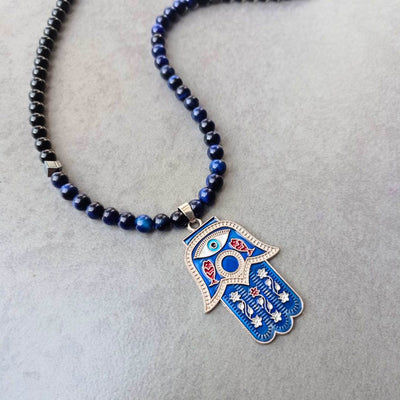 Blue Tiger's Eye Hamsa Necklace