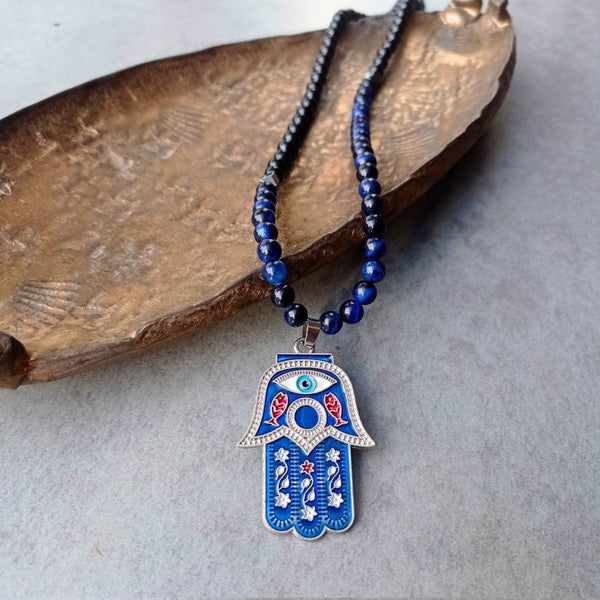 Blue Tiger's Eye Hamsa Necklace