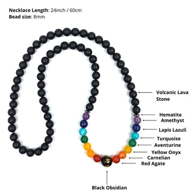 Seven Chakra Obsidian  matte Lava Stone Necklace