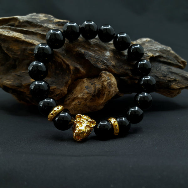 Black Onyx Lion Face Bracelet-PROTECTION, ACHIEVEMENT, COURAGE