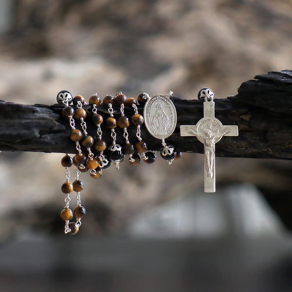 Sterling Silver Brown Tiger Eye Rosary